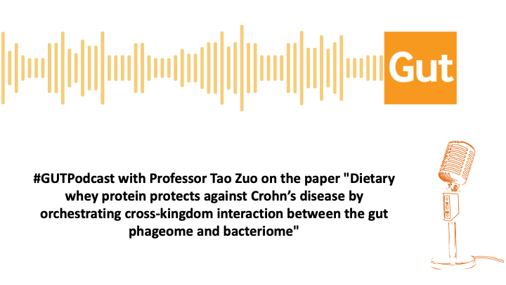 Listen to the #GUTPodcast with Professor Tao Zuo <a href="/Tao_Zuo_/">Tao Zuo</a> on the paper by Su et al entitled

"Dietary whey protein protects against Crohn’s disease by orchestrating cross-kingdom interaction between the gut phageome and bacteriome" via

▶️ Apple: apple.co/4m8DrH6
▶️