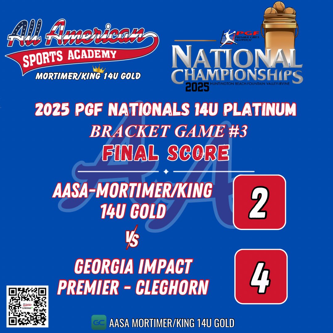 AASA-King 14U Gold (@aasateamking) on Twitter photo We dropped our first bracket game in the PGF Nationals Tournament to a strong Georgia Impact Premier – Cleghorn squad, 4-2. It was a hard-fought battle from start to finish. Hats off to their talented group of athletes and an excellent coaching staff!!
<a href="/AasaTeams/">AASA-Teams</a> We dropped our first bracket game in the PGF Nationals Tournament to a strong Georgia Impact Premier – Cleghorn squad, 4-2. It was a hard-fought battle from start to finish. Hats off to their talented group of athletes and an excellent coaching staff!!
<a href="/AasaTeams/">AASA-Teams</a>
