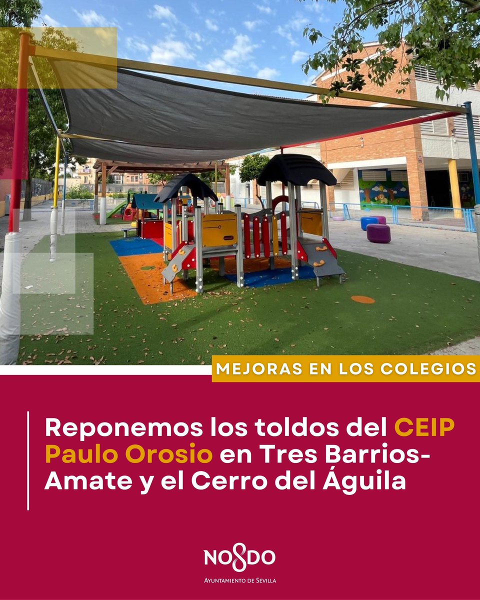Distrito Cerro-Amate (Sevilla) (@dtocerroamate) on Twitter photo El <a href="/Ayto_Sevilla/">Ayuntamiento de Sevilla</a> , dentro de su plan de reposición ⚒️ de toldos de colegios en peor estado, ✅ ha renovado los del <a href="/ceippauloorosio/">CEIP Paulo Orosio</a>
📑 Trabajos enmarcados dentro del ambicioso plan de recuperación de los colegios públicos de la ciudad.
📍 Tres Barrios-Amate y Cerro del Águila. El <a href="/Ayto_Sevilla/">Ayuntamiento de Sevilla</a> , dentro de su plan de reposición ⚒️ de toldos de colegios en peor estado, ✅ ha renovado los del <a href="/ceippauloorosio/">CEIP Paulo Orosio</a>
📑 Trabajos enmarcados dentro del ambicioso plan de recuperación de los colegios públicos de la ciudad.
📍 Tres Barrios-Amate y Cerro del Águila.