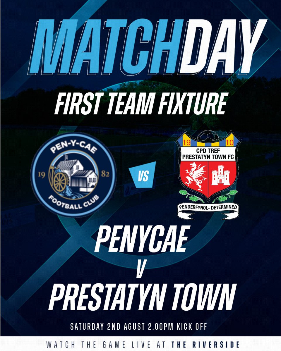 Penycae FC (@penycaefc1) on Twitter photo 🔵 MATCHDAY ⚽
📅| Sat 2nd Aug
🆚| <a href="/ptfcseasiders/">Prestatyn Town FC 🏴</a>
🏟| The Riverside
🕤| Kick Off 2.00pm
🏆| Dragon Signs Amateur Trophy
🎟 | Adults £5.00 Concessions £3.00 Under 16s Free
📲| Live Updates - Cymru App
💙Our Crest, Our Club, Our Community, Our Cae 💙
#MoreThanAClub #WeAreTheCae 🔵 MATCHDAY ⚽
📅| Sat 2nd Aug
🆚| <a href="/ptfcseasiders/">Prestatyn Town FC 🏴</a>
🏟| The Riverside
🕤| Kick Off 2.00pm
🏆| Dragon Signs Amateur Trophy
🎟 | Adults £5.00 Concessions £3.00 Under 16s Free
📲| Live Updates - Cymru App
💙Our Crest, Our Club, Our Community, Our Cae 💙
#MoreThanAClub #WeAreTheCae