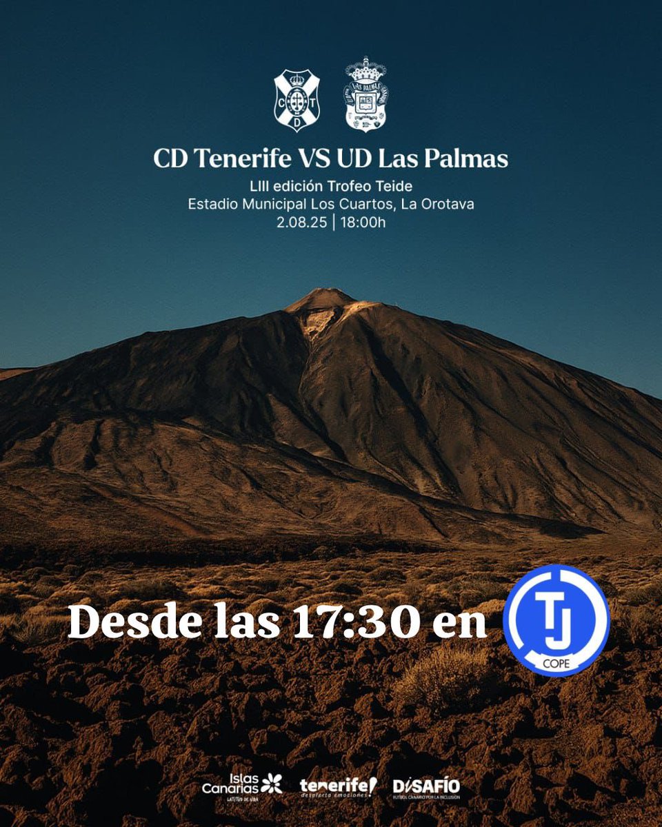 Deportes COPE Tenerife (@deportescopetfe) on Twitter photo Hoy hay <a href="/tjcope/">Tiempo de Juego</a> π΄σ §σ ’σ ³σ £σ ΄σ Ώ
β½οΈ <a href="/CDTOficial/">CD Tenerife π΄σ §σ ’σ ³σ £σ ΄σ Ώ</a> - <a href="/UDLP_Oficial/">UD Las Palmas</a>
π <a href="/TrofeoTeide/">TROFEO TEIDE OFICIAL</a>
β° 18:00 (17:30 en directo)
ποΈ <a href="/juanjo_ramos/">π±πππππ πΉππππ</a>
π€ <a href="/CarlosVina11/">Carlos ViΓ±a Glez.</a>
π£οΈ #MarioRivero
π» Cope MΓ‘s Tenerife
π² APP
π» cope.es/emisoras/canarβ¦ Hoy hay <a href="/tjcope/">Tiempo de Juego</a> π΄σ §σ ’σ ³σ £σ ΄σ Ώ
β½οΈ <a href="/CDTOficial/">CD Tenerife π΄σ §σ ’σ ³σ £σ ΄σ Ώ</a> - <a href="/UDLP_Oficial/">UD Las Palmas</a>
π <a href="/TrofeoTeide/">TROFEO TEIDE OFICIAL</a>
β° 18:00 (17:30 en directo)
ποΈ <a href="/juanjo_ramos/">π±πππππ πΉππππ</a>
π€ <a href="/CarlosVina11/">Carlos ViΓ±a Glez.</a>
π£οΈ #MarioRivero
π» Cope MΓ‘s Tenerife
π² APP
π» cope.es/emisoras/canarβ¦
