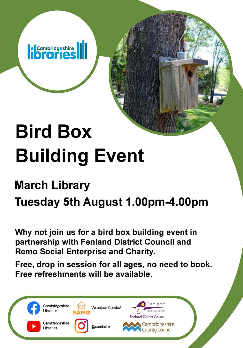 FenlandCouncil's tweet image. Looking for something fun - and free - to do with the kids? Drop into #MarchLibrary next week!

Our Environmental Projects officer will be joining @cambslib &amp;amp; Remo Social Enterprise and Charity for Bird Box Building event 🐦

📅 Tues 5 August
🕐 1pm-4pm
🎟️ Free, no need to book