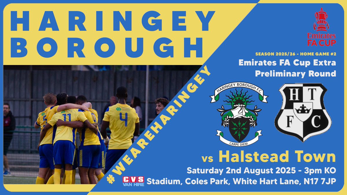 𝗙𝗔 𝗖𝗨𝗣 𝗠𝗔𝗧𝗖𝗛𝗗𝗔𝗬 🏆

Here we go then - the road to Wembley starts here! Just 13 wins to the <a href="/EmiratesFACup/">Emirates FA Cup</a> final!

We welcome Essex Senior League side <a href="/HalsteadTownFC/">Halstead Town FC</a> to Coles Park.

Today's match is sponsored by <a href="/nbbbee/">Neil Blackaby</a>!

#WeAreHaringey