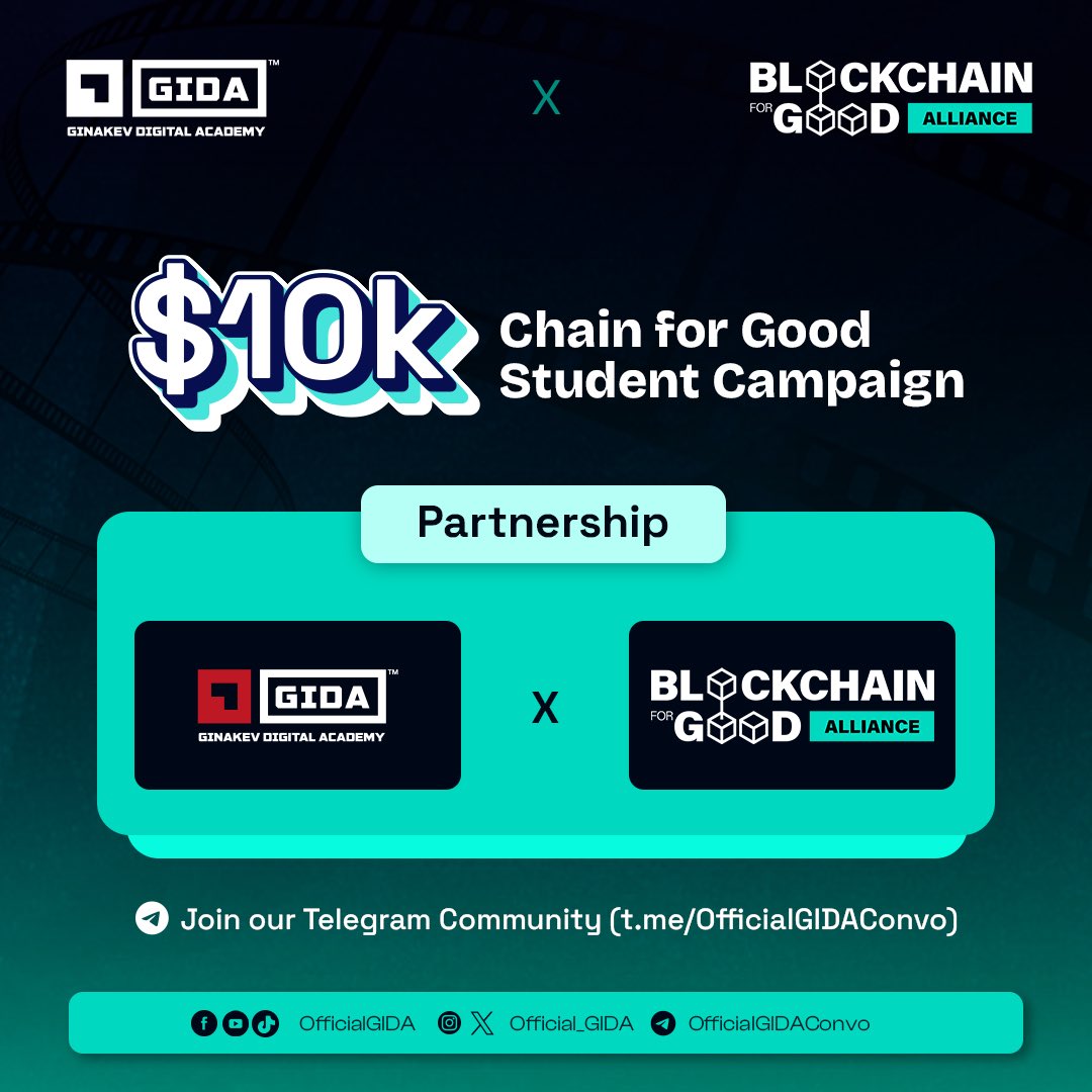 Ginakev Digital Academy (GIDA) ™ (@official_gida) on Twitter photo We’re delighted to partner with <a href="/ChainforGood/">Blockchain for Good Alliance (BGA)</a> on an exciting 3 month initiative for youth with a $10k pool.
This is Blockchain, for good!! and we want to show you how.
Join us for an AMA on our TG group TODAY to learn more:
⏰: 4:00 PM WAT
🏠: t.me/officialGIDACo…
#BGA We’re delighted to partner with <a href="/ChainforGood/">Blockchain for Good Alliance (BGA)</a> on an exciting 3 month initiative for youth with a $10k pool.
This is Blockchain, for good!! and we want to show you how.
Join us for an AMA on our TG group TODAY to learn more:
⏰: 4:00 PM WAT
🏠: t.me/officialGIDACo…
#BGA