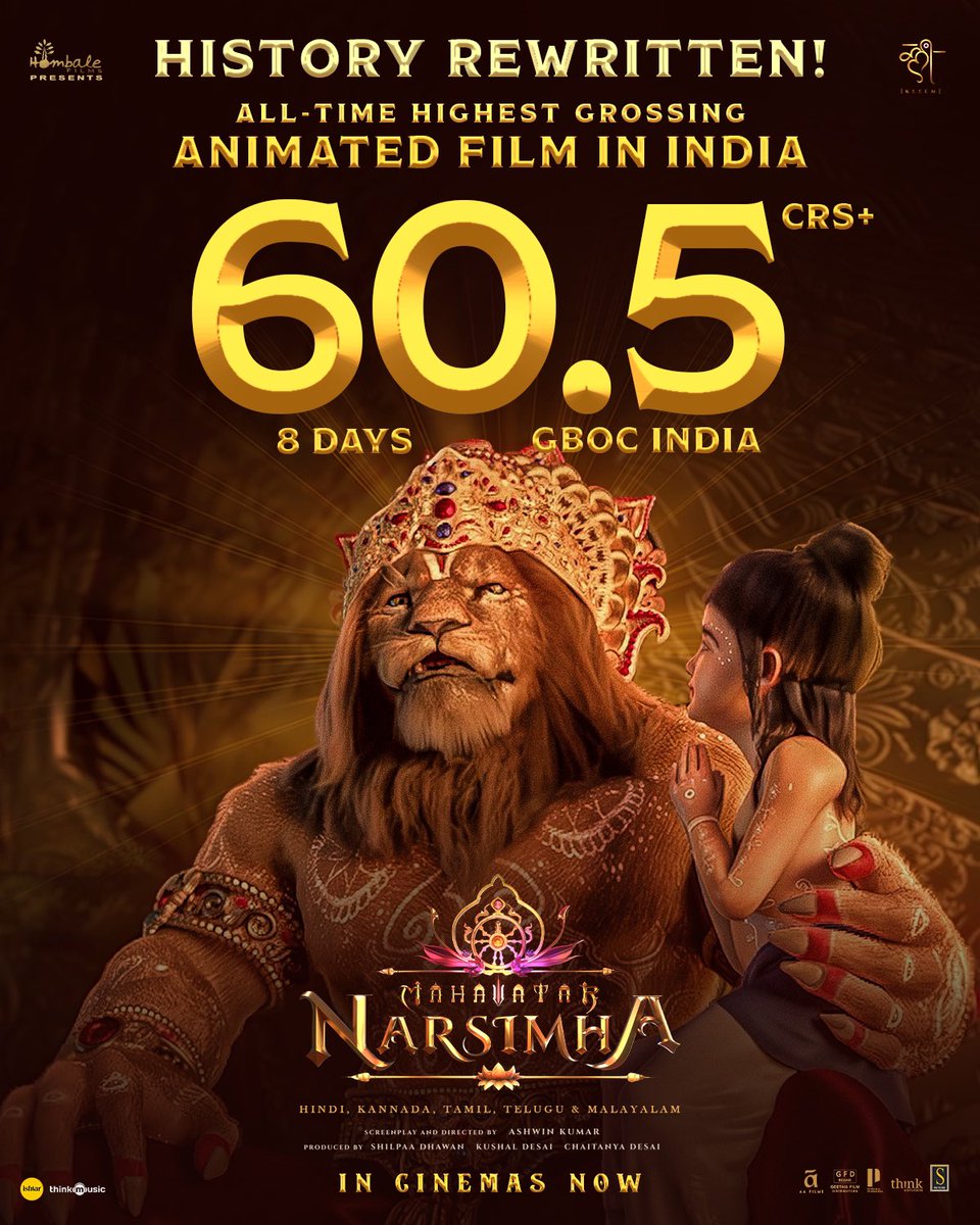 Chimtureviews's tweet photo. #MahavatarNarsimha has roared past all records, grossing ₹60.5 CRORES+ in just 8 DAYS to become India’s Highest-Grossing Animated Film of All Time 💥💥

#Mahavatar @hombalefilms @AshwinKleem @kleemproduction @VKiragandur @ChaluveG @shilpaadhawan @SamCSmusic https://t.co/6uD0nY5QNJ