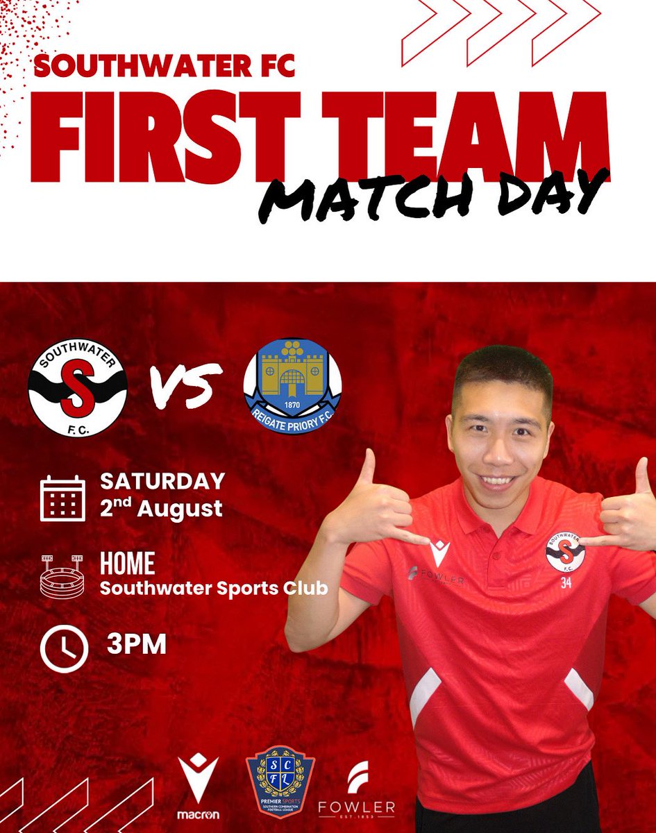 Southwater_FC's tweet photo. ❤️ 🖤 GAME DAY 🖤 ❤️ 

We’re home to Reigate Priory FC this afternoon, come and support the swifts!🫡

🖤 SWFC VS REIGATE PRIORY FC
📆 2ND AUGUST
📍 SOUTHWATER SPORTS CLUB
⏰ 3PM KO

#SupportTheSwifts 👋🏼

With thanks to @macronhastings @TheSCFL Fowler Building Contractors https://t.co/Tuu3i4LVXA