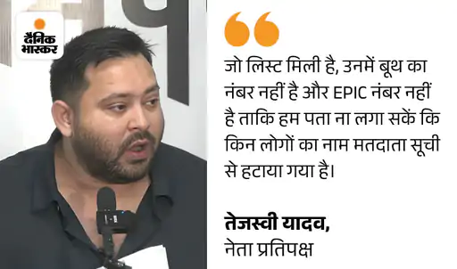 बिहार में तेजस्वी यादव का नाम वोटर लिस्ट से कट गया है। इसकी जानकारी खुद तेजस्वी यादव ने प्रेस कॉन्फ्रेंस में दी है।

उन्होंने कहा, 'BLO आई थीं और हमारा सत्यापन करके गई हैं। फिर भी मतदाता सूची में नाम नहीं है।'

तेजस्वी यादव ने अपना वोटर आईडी कार्ड जारी किया। वोटर लिस्ट में अपना