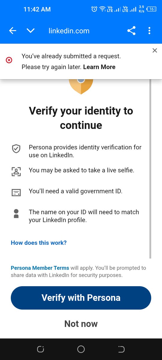 Bilal_Developer's tweet image. I spent years building my LinkedIn profile 9K  followers, genuine connections.
Today, LinkedIn restricted my account. Tried verifying, but it says “Request Already Sent” on my first attempt.
Honestly, this is heartbreaking and unprofessional.
@LinkedIn @LinkedInHelp #Disappointed