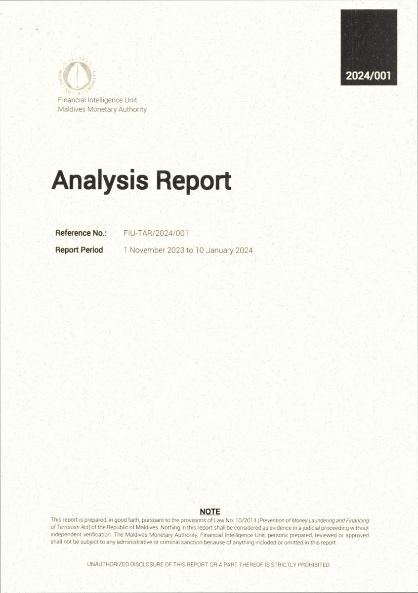 Hassan Kurusee (@hkurusee) on Twitter photo ‼️🚨Breaking News (24 page report below)
I’ve received MMA Financial Intelligence Report from police on <a href="/IbrahimShujaau/">Ibrahim Shujau</a> covering 1 Nov 2023–10 Jan 2024. He and cousin, Dep Minister Nafiz received 42.5M MVR from Council, SIWEC & others, part went to Kuda Henveiru Gang.
🔹 The ‼️🚨Breaking News (24 page report below)
I’ve received MMA Financial Intelligence Report from police on <a href="/IbrahimShujaau/">Ibrahim Shujau</a> covering 1 Nov 2023–10 Jan 2024. He and cousin, Dep Minister Nafiz received 42.5M MVR from Council, SIWEC & others, part went to Kuda Henveiru Gang.
🔹 The