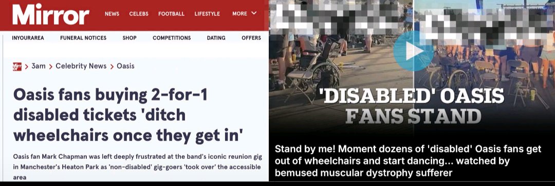 🚨 This is dangerous, not just outrageous.

Two major newspapers ran stories implying disabled people were faking it to get 2-for-1 Oasis tickets, simply because some wheelchair users stood up at the gig.

Let me explain why this kind of reporting is harmful. 🧵1/8