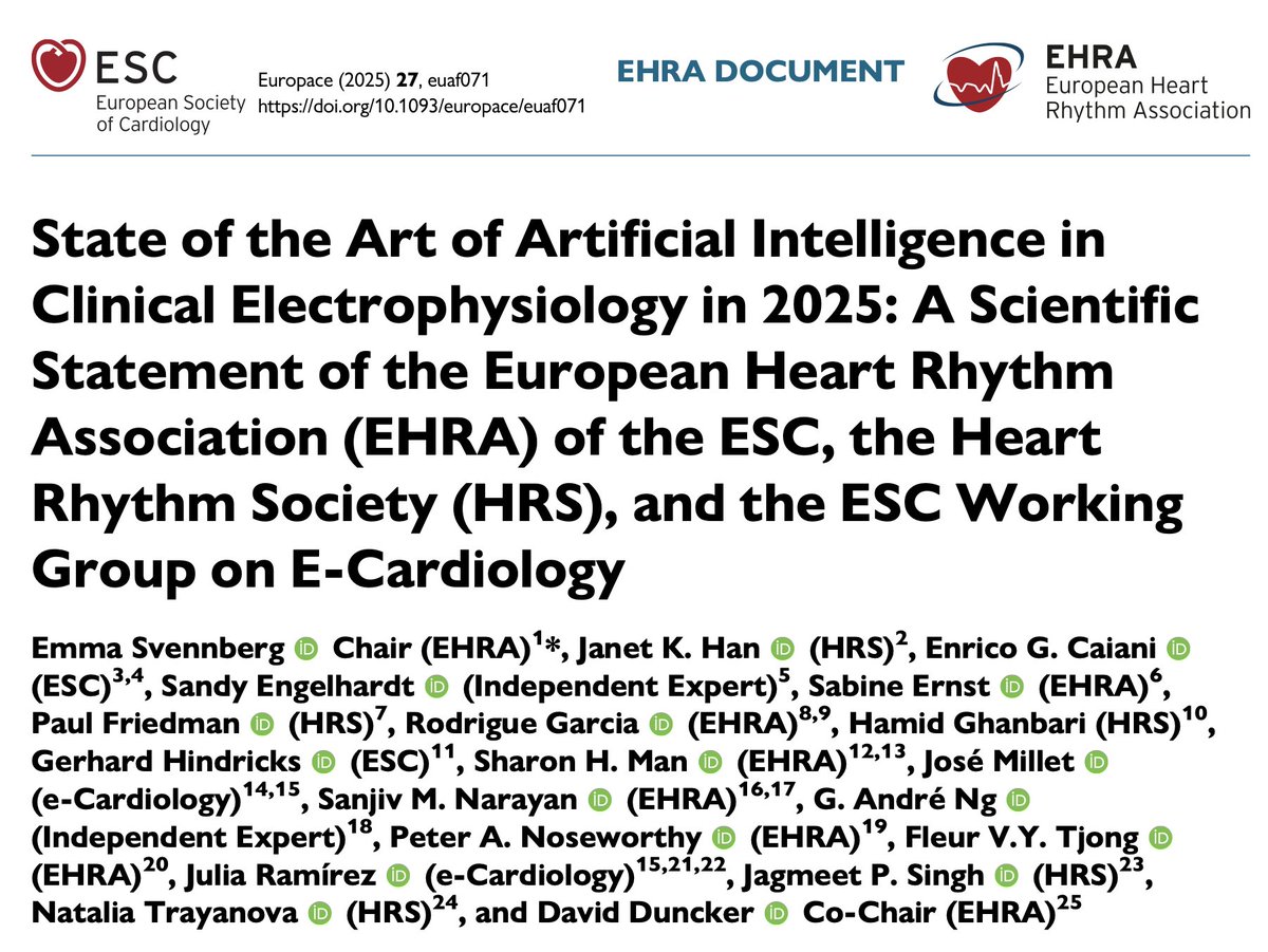 #EHRAtopicweek on the State of the art of AI in EP

Don’t miss the State of the art of AI in EP - A Scientific Statement of the #EHRA_ESC <a href="/HRSonline/">Heart Rhythm Society</a> and <a href="/escardio/">European Society of Cardiology</a> Working Group on E-cardiology, published in <a href="/EuropaceEiC/">Europace Editor-in-Chief</a> 

🔗bit.ly/46zGzal

<a href="/EmmaSvennberg/">Emma Svennberg</a> <a href="/DavidDuncker/">David Duncker</a>