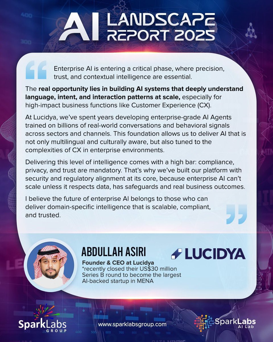 SparkLabsGroup (@sparklabsgroup) on Twitter photo Our primer on Artificial Intelligence To help those who want a basic understanding of #AI, its basics & ecosystem & future trends. READ IT
slideshare.net/slideshow/spar…
And Insightful quotes by portfolio founders & partners such as <a href="/Lucidya/">Lucidya | لوسيديا</a> CEO, <a href="/Abdullah_Asiri_/">Abdullah Asiri</a>
#startups Our primer on Artificial Intelligence To help those who want a basic understanding of #AI, its basics & ecosystem & future trends. READ IT
slideshare.net/slideshow/spar…
And Insightful quotes by portfolio founders & partners such as <a href="/Lucidya/">Lucidya | لوسيديا</a> CEO, <a href="/Abdullah_Asiri_/">Abdullah Asiri</a>
#startups