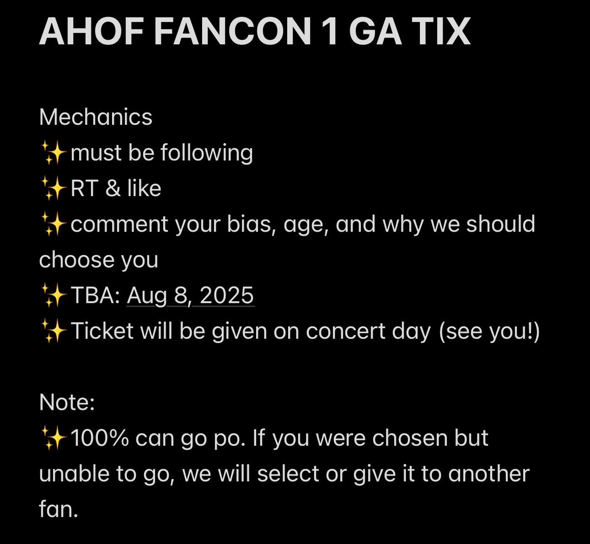 Hello nameless fam, 

As we were able to secure tickets for AHOF Fancon, we would like to share this happiness as well. 

Kindly please see below for more information. Good luck!  

✨AHOF FANCON GA TICKET GIVEAWAY ✨