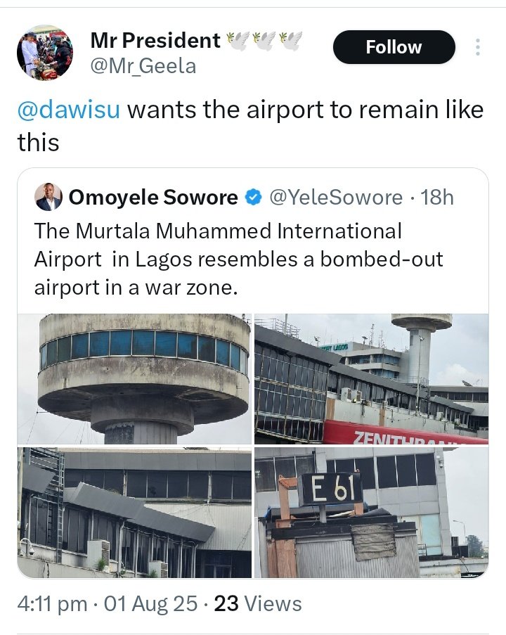 Chekwube____'s tweet photo. PR ๐ฏ ๐ฏ
He tour the airport, take a picture.
Posted it and now you can see the so called reasons to justify #712b allocated for the renovation of the airport.
That's power of PR, less than 24hrs BAT banger boys will start posting those images with long write-up. https://t.co/t9GPZTnJAv