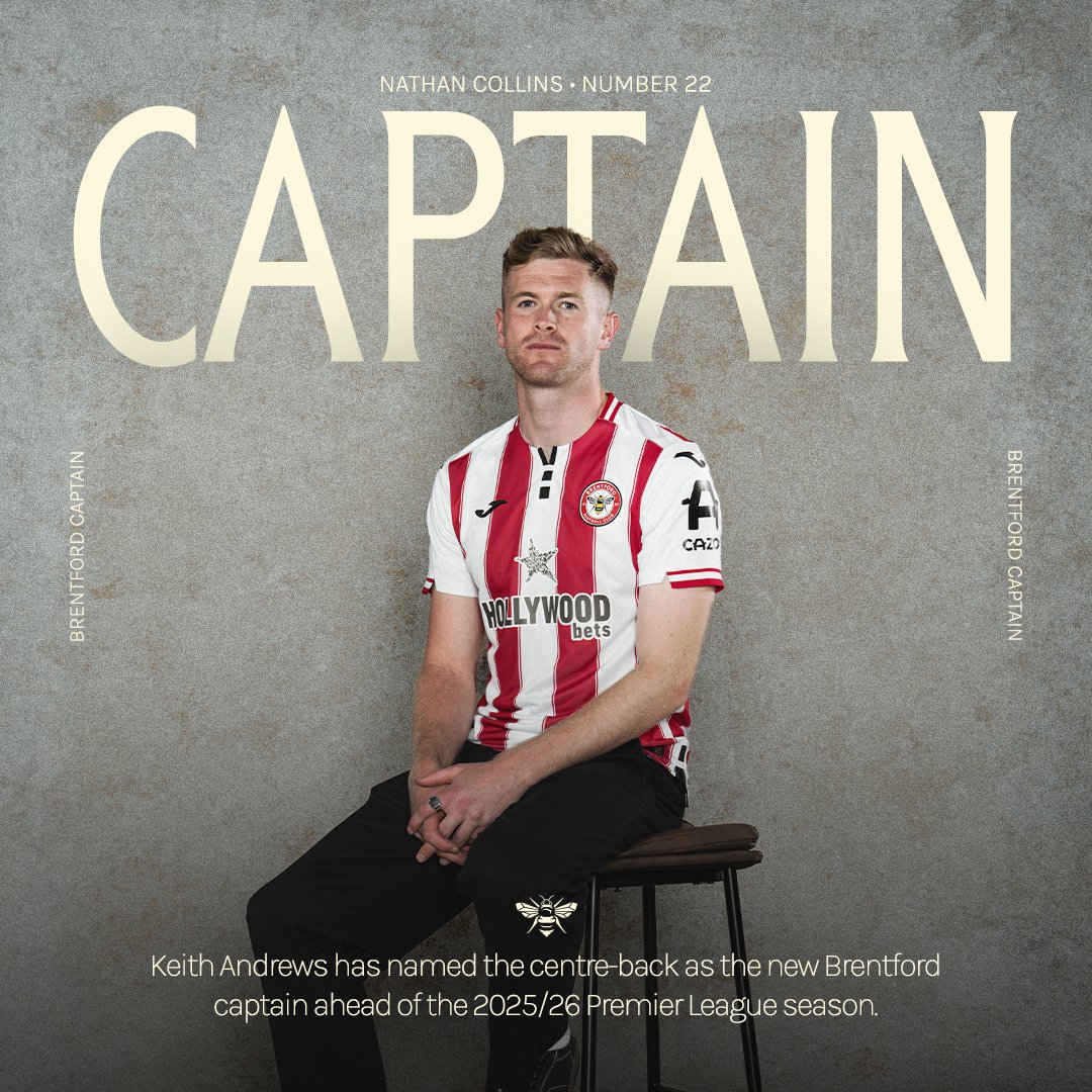 BrentfordFC's tweet photo. Captain Collins 🇮🇪

Keith Andrews has confirmed Nathan Collins as our new club captain ahead of the 2025/26 Premier League season 🙌