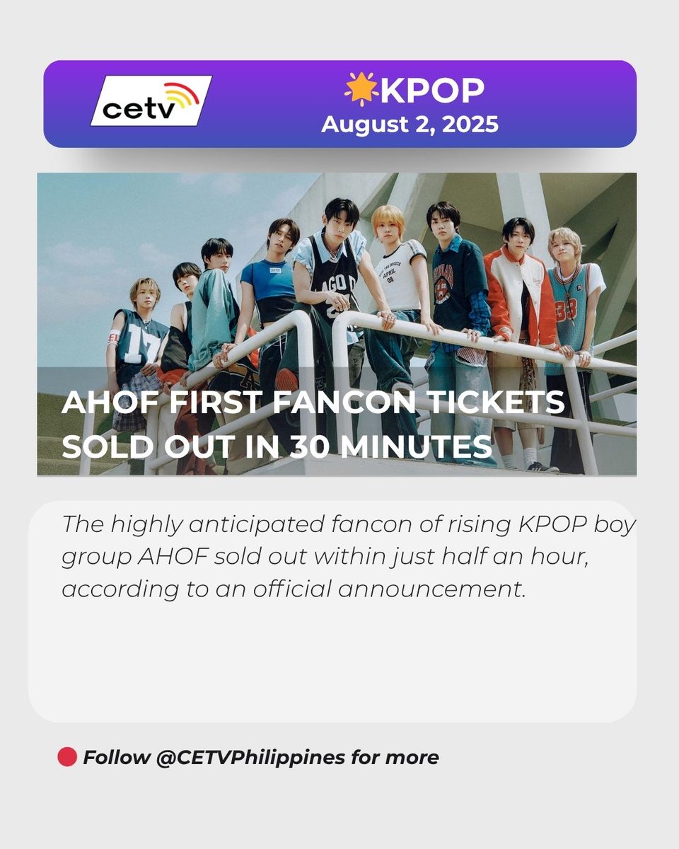 Filipino fans came through! AHOF’s (<a href="/AHOF_official/">AHOF</a>) fancon on Aug 30 at Araneta sold out in 30 mins. The group includes JL, the lone Pinoy member of the rising KPOP group.

📍Full story on CETV Philippines’ Facebook page.

#SeeItOnCETV #OnwardAndFOURward #AHOF