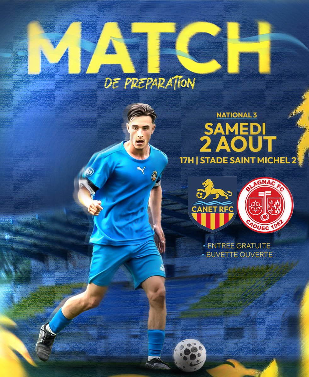 H-4

⚽️ MATCHDAY

📆 Samedi 2 août
🕔 17H
🆚 Blagnac FC
📍Stade Saint-Michel 2
Nos Canétois enchaînent avec un 3e match de préparation face à une solide équipe de N2.
🔥 Venez nombreux les encourager !

#CanetRFC #Prépa #N3 #Football