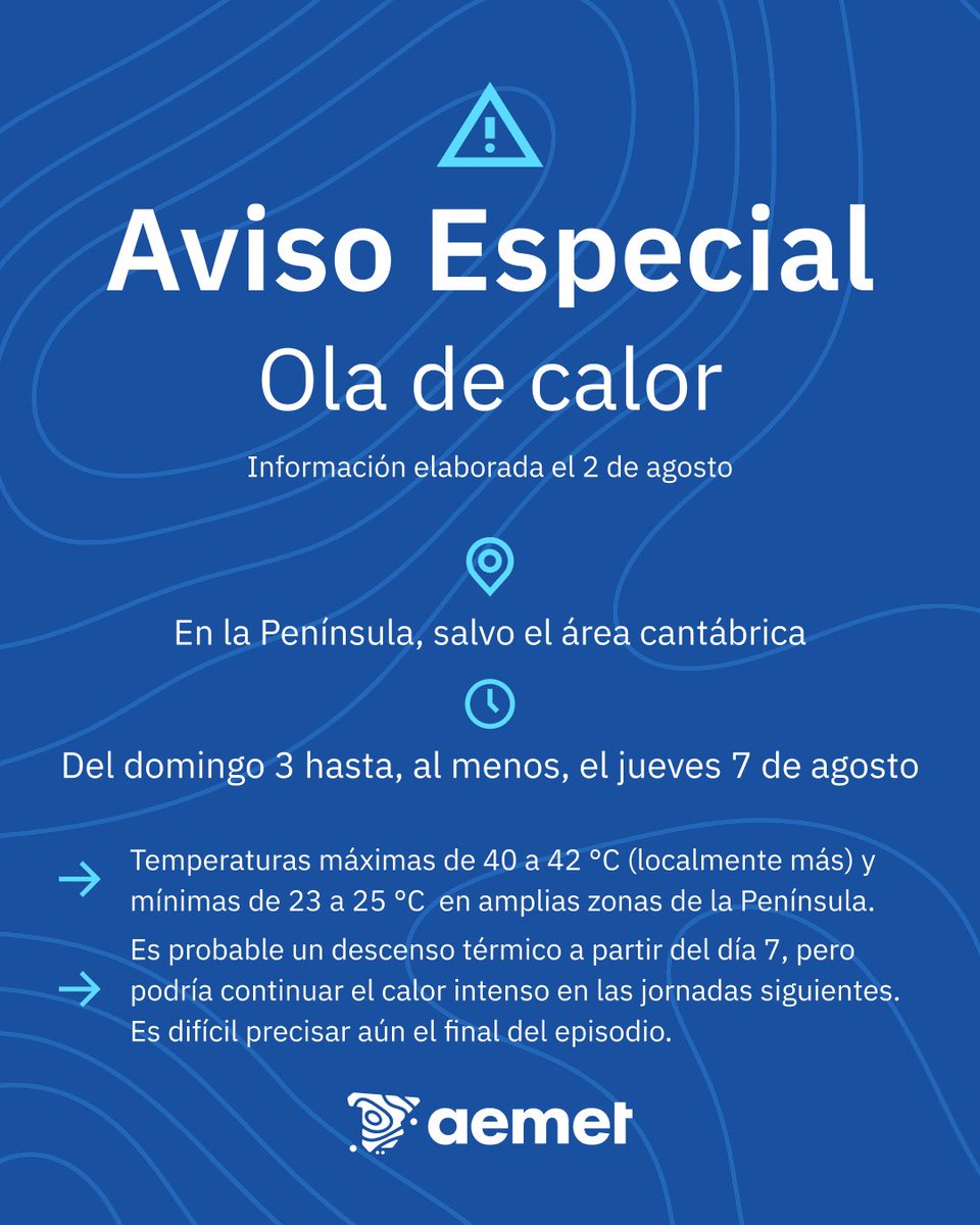 ⚠️AVISO ESPECIAL POR OLA DE CALOR | Actualización

→ El episodio comenzará el domingo día 3 y podría ser duradero. Se prolongará, al menos, hasta el jueves día 7.

→ Temperaturas máximas y mínimas muy altas en la mayor parte de la Península.

+ info 👉
aemet.es/es/eltiempo/pr…