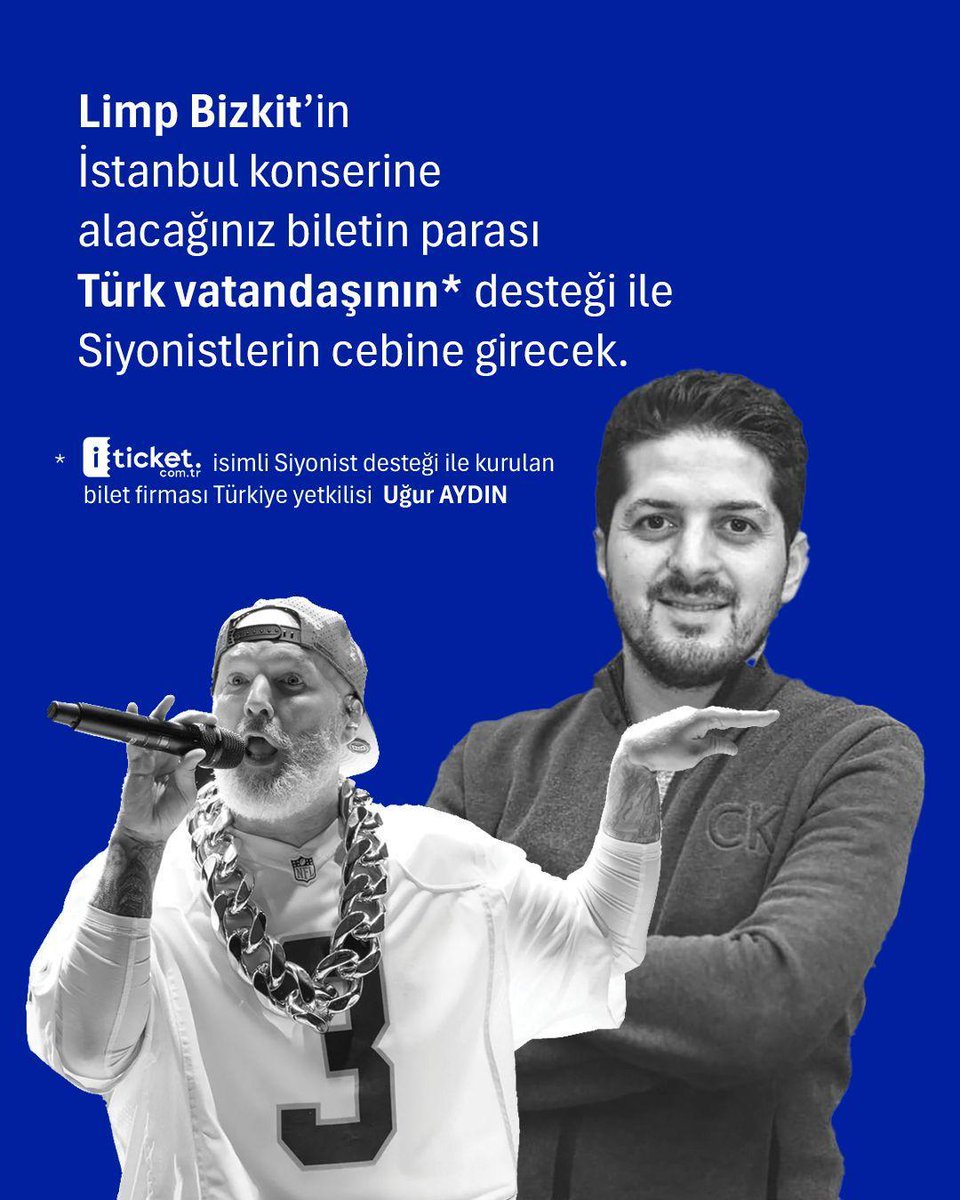 Limp Bizkit’in İstanbul konserine alacağınız biletin parası Siyonistlerin cebine girecek, Gazze'ye bomba olup ölüm yağdıracak… Konserin organizasyonunu Mehmet Uğur Aydın'ın iTicket firması maskesiyle Siyonist Live Nation Central Asia gerçekleştiriyor.