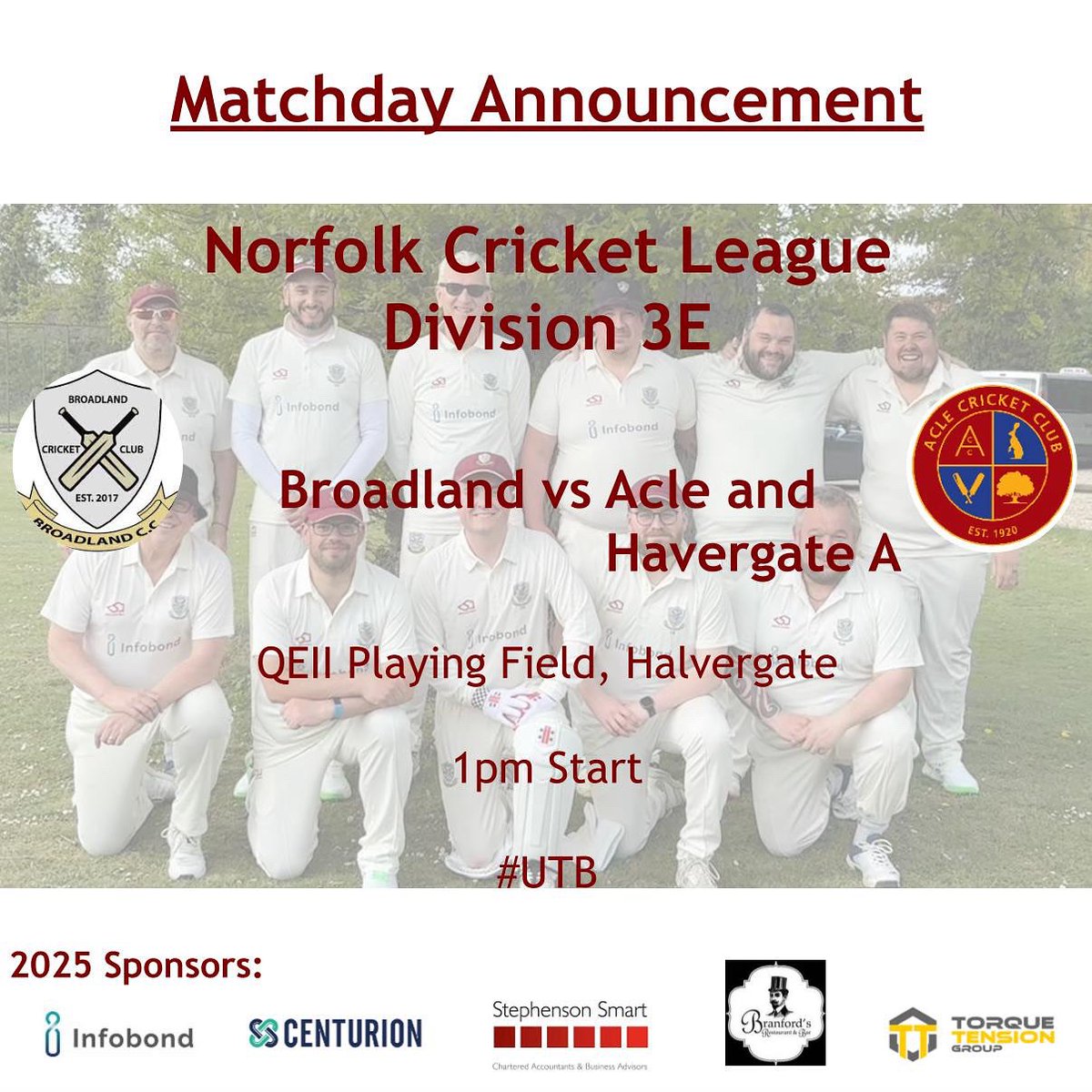 Broadland CC (@broadland_cc) on Twitter photo GAME DAY!!
🏆 NCL Div 3E
🏏 <a href="/aclecc/">Acle & Halvergate Cricket Club</a>
📍 Their Place
⏰ 13:00
Match Sponsored by Graham Hall
#upthebroadland GAME DAY!!
🏆 NCL Div 3E
🏏 <a href="/aclecc/">Acle & Halvergate Cricket Club</a>
📍 Their Place
⏰ 13:00
Match Sponsored by Graham Hall
#upthebroadland