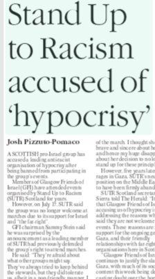 Today's <a href="/heraldscotland/">The Herald</a> (p.9) covers the decision by Stand Up To Racism to ban us from "anti-racism" marches. Apparently they "welcome everyone" but #jewsdontcount.

#StandWithIsrael 
#AmYisraelChai