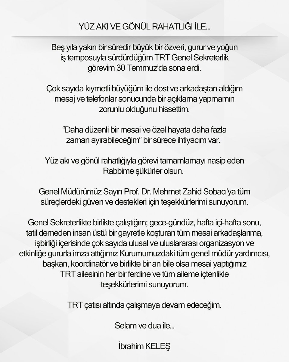 BİLGİLENDİRME!

Çok sayıda kıymetli büyüğüm ile dost ve arkadaştan aldığım mesaj ve telefonlar sonucunda bir açıklama yapmamın zorunlu olduğunu hissettim.

İlgi, dua ve destekleriniz için teşekkürlerimi sunuyorum. 

Saygı ve hürmetlerimle…