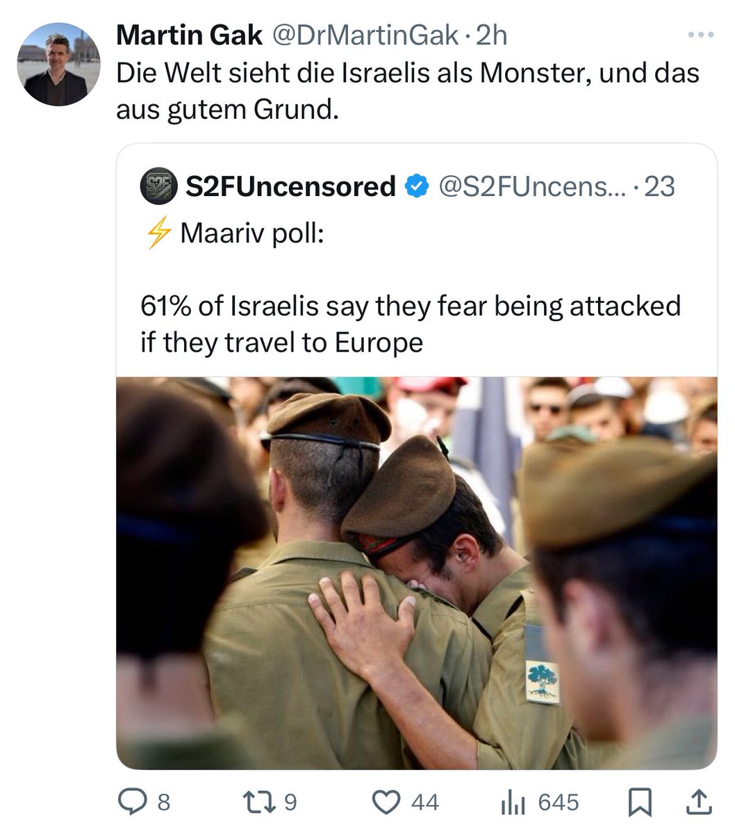 Hasnain Kazim (@hasnainkazim) on Twitter photo Man muss sich das mal vorstellen: Einer Umfrage zufolge sagt weit mehr als jeder zweite Israeli, dass er/sie Angst hat, bei einer Reise nach Europa körperlich angegriffen zu werden. Und diesem Typen, einem ehemaligen Korrespondenten, fällt nichts anderes ein als: „Die Welt sieht Man muss sich das mal vorstellen: Einer Umfrage zufolge sagt weit mehr als jeder zweite Israeli, dass er/sie Angst hat, bei einer Reise nach Europa körperlich angegriffen zu werden. Und diesem Typen, einem ehemaligen Korrespondenten, fällt nichts anderes ein als: „Die Welt sieht
