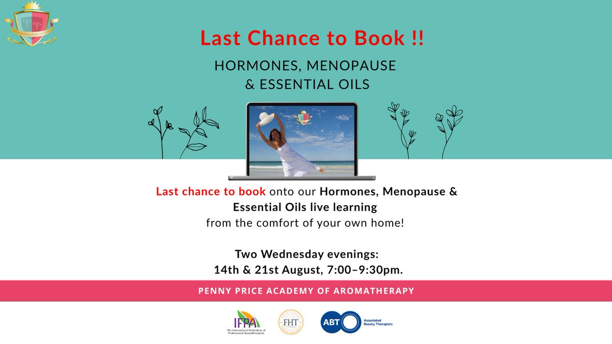 pennypricearoma's tweet image. 🌿 Last Chance to Book! 🌿

Join us for our Hormones, Menopause &amp;amp; Essential Oils live learning – all from the comfort of home!
🗓️ Two Wednesday evenings: 14th &amp;amp; 21st August
🕖 7:00–9:30pm | 💻 Online 
Don’t miss out 💜

 #LiveLearning #PennyPriceAromatherapy