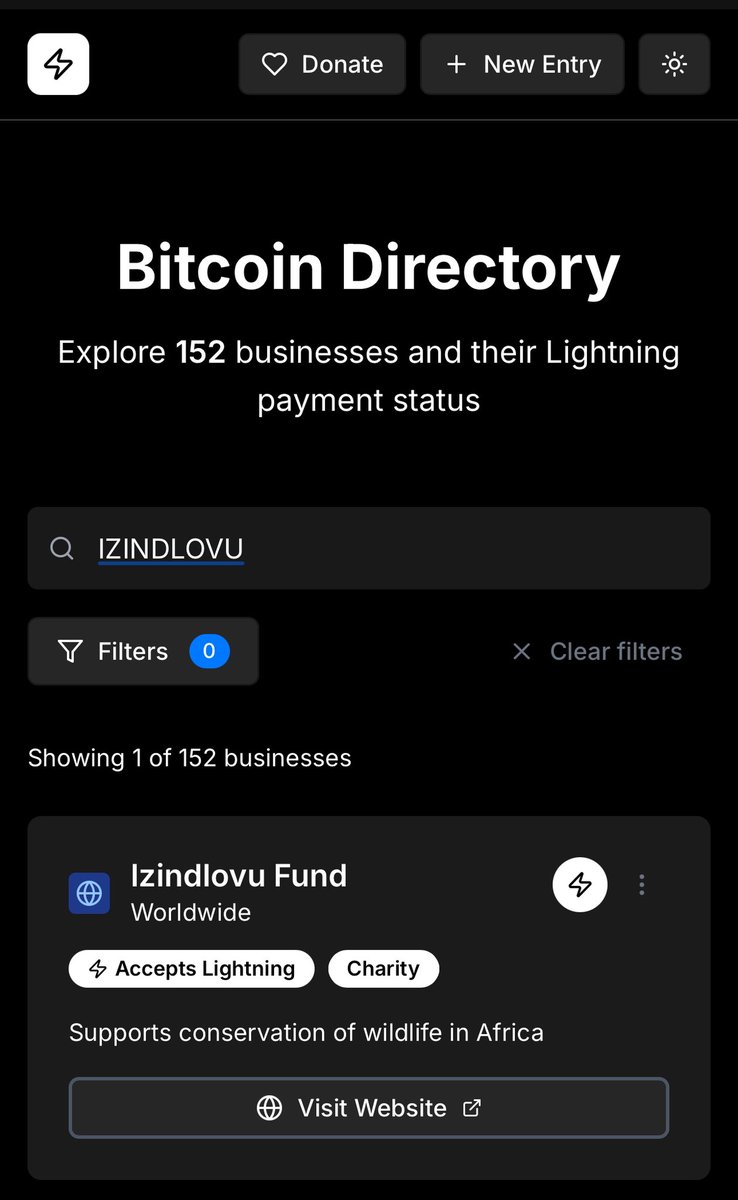 Izindlovu Fund (@izindlovufund) on Twitter photo Awesome initiative by 🚀 <a href="/BitcoinListings/">BitcoinListings.org</a>
Our <a href="/izindlovufund/">Izindlovu Fund</a> for wildlife conservation <a href="/btcconservation/">Bitcoin for Conservation Project</a> is on there thanks to the <a href="/LNCheckout/">Lightning Checkout</a> service providing lightning payments at the checkout of our webshop 🙏🏽🙏🏽🙏🏽
Check out here ⬇️
bitcoinlistings.org Awesome initiative by 🚀 <a href="/BitcoinListings/">BitcoinListings.org</a>
Our <a href="/izindlovufund/">Izindlovu Fund</a> for wildlife conservation <a href="/btcconservation/">Bitcoin for Conservation Project</a> is on there thanks to the <a href="/LNCheckout/">Lightning Checkout</a> service providing lightning payments at the checkout of our webshop 🙏🏽🙏🏽🙏🏽
Check out here ⬇️
bitcoinlistings.org