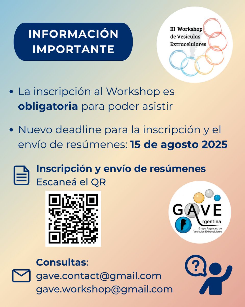 gave_arg's tweet image. ‼️Info importante
Extendimos el plazo para la inscripción y el envío de resúmenes al 15 de agosto!
Recordá que la inscripción es necesaria para poder asistir, ya sea de forma presencial o virtual.
Pronto más novedades!