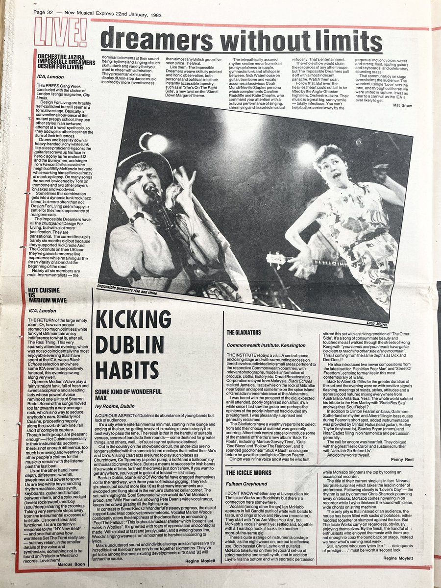 The Icicle Works, Orchestre Jazira, Impossible Dreamers, Design For Living, The Gladiators, Some Kind Of Wonderful, Hot Cuisine, Medium Wave.
Photo by Leon Morris.
Live reviews, New Musical Express, 22 January 1983.