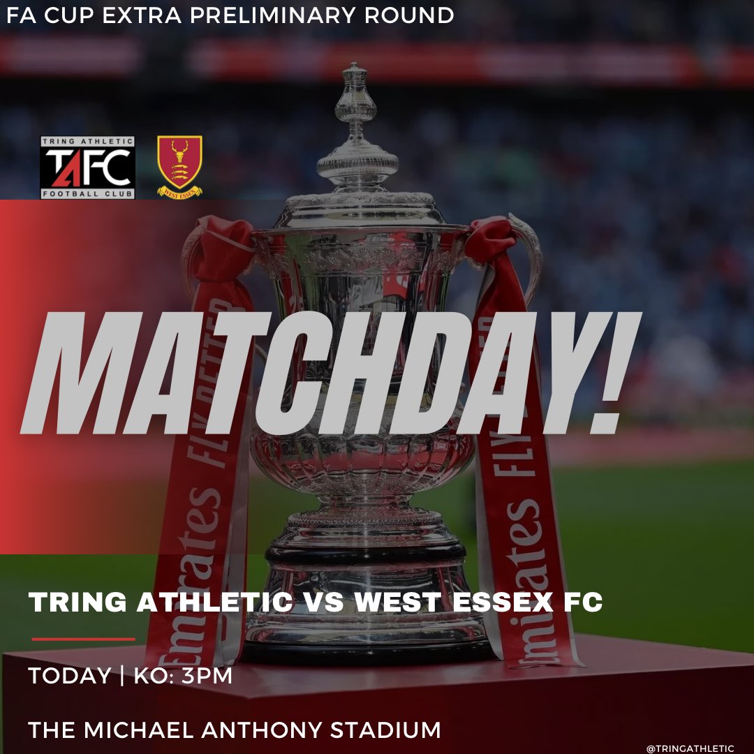 𝗜𝗧'𝗦 𝗠𝗔𝗧𝗖𝗛𝗗𝗔𝗬! 🔴⚫️

A big FA Cup tie awaits at the Michael Anthony Stadium today! ⚽️🏆

🗓️: Today
🕒: 3PM
🆚: <a href="/westessexfc/">West Essex FC</a>
🏟️: The Michael Anthony Stadium
🏆: <a href="/EmiratesFACup/">Emirates FA Cup</a> Extra Preliminary Round
🎫: AD £9 | CON £5 | U16s FREE
🍻: Bar open

#TAFC 🔴⚫️