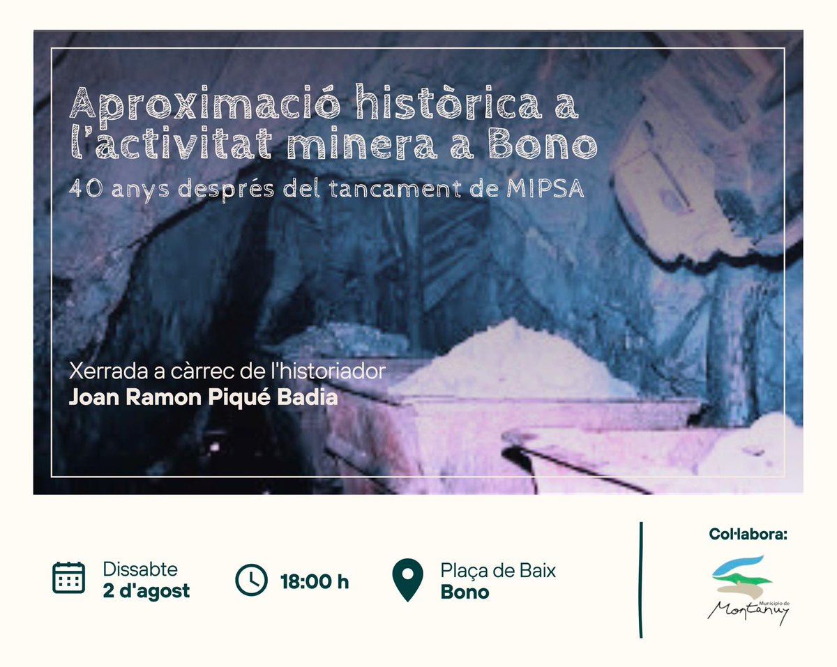 Avui, 18:00 hores, a la plaça de Baix de Bono  xerrada "Aproximació històrica a l'activitat minera a Bono. 40 anys després del tancament de MIPSA", a càrrec de l'historiador , <a href="/Jrpique/">Joan Ramon Piqué</a> <a href="/VisitaMontanuy/">Visita Montanuy</a> 
Us hi esperem. 
#xerrada #historia  #SomRibagorça #Ribagorça #Bono #Montanui