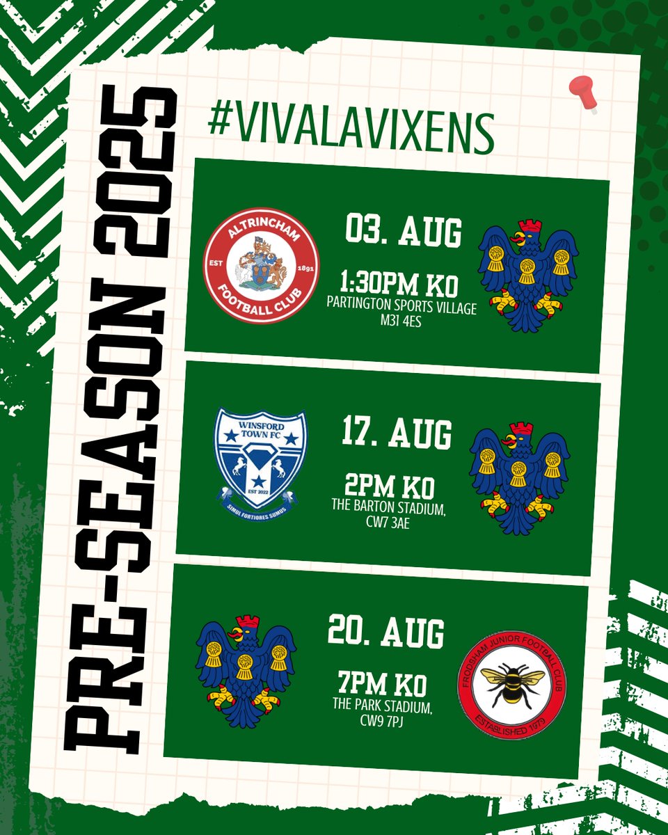 Northwich Vixens (@northwichvixens) on Twitter photo 𝗣𝗥𝗘-𝗦𝗘𝗔𝗦𝗢𝗡 𝟮𝟬𝟮𝟱 | 𝗙𝗜𝗥𝗦𝗧 𝗧𝗘𝗔𝗠
Our friendlies have been announced 🔽
🟩 | vs <a href="/AltrinchamFCW/">Altrincham FC Women</a> | 03. Aug | 1:30PM KO
⬜️ | vs <a href="/WinsfordTownFC/">Winsford Town Football Club</a> | 17. Aug | 2PM KO
🟩 | vs <a href="/frodshamwfc/">Frodsham JFC Women</a> | 20. Aug | 7PM KO
#PreSeason | #Vics | #Vixens 𝗣𝗥𝗘-𝗦𝗘𝗔𝗦𝗢𝗡 𝟮𝟬𝟮𝟱 | 𝗙𝗜𝗥𝗦𝗧 𝗧𝗘𝗔𝗠
Our friendlies have been announced 🔽
🟩 | vs <a href="/AltrinchamFCW/">Altrincham FC Women</a> | 03. Aug | 1:30PM KO
⬜️ | vs <a href="/WinsfordTownFC/">Winsford Town Football Club</a> | 17. Aug | 2PM KO
🟩 | vs <a href="/frodshamwfc/">Frodsham JFC Women</a> | 20. Aug | 7PM KO
#PreSeason | #Vics | #Vixens