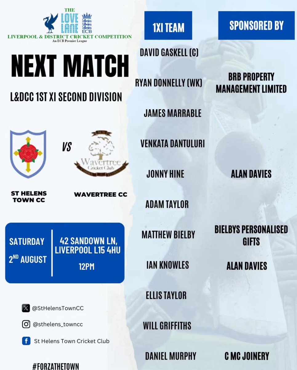 Today’s cricket 🏏

1st XI travel to <a href="/WavertreeCC/">Wavertree CC</a> looking to complete the double.

2nd XI host <a href="/HightownStMarys/">HightownStMary's CC</a> at Ruskin Drive in the sun.

#ForzaTown