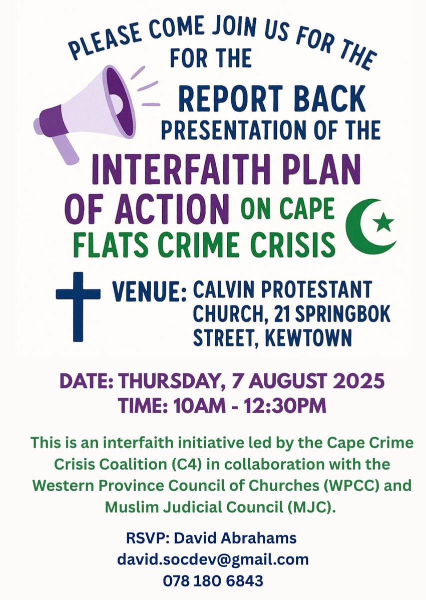 Please join our Interfaith meeting on Thursday 7 August 2025 at 10:00 #CrimeOnTheCapeFlats #TowardsAJustPeace