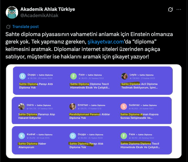 Sahte diploma/belge sorunsalının boyutu ile ilgili size bir örnek vereyim:

10 küsur yıl önceki Bilim ve Sanayi Bakanı'nın lise mezunu fetöcü damadı, Tübitak'da, ülkedeki diploma ve belgelerin doğruluğunu onaylayan mercinin başındaydı.

Ergenekon Davası'da kurumun sahte belgeleri