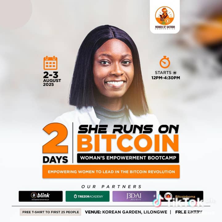 RNB_GOD's tweet image. Woman's empowerment Bootcamp
Empowering women to Lead in the Bitcoin Revolution‼️

Date: 2/3 August

Venue: Korean Garden,Lilongwe,Free Entry.
Time: 12pm to 4:30pm

Free Tshirts to the first 25 People 
docs.google.com/forms/d/e/1FAI…

#BitcoinBoma 
#BitcoinEducation