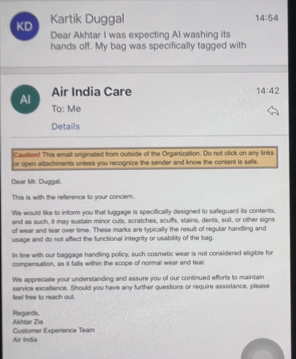 <a href="/airindia/">Air India</a> Fliers beware - Air India will damage your bags and then term them as ‘cosmetic damage’ and brush its hands off. Nothing ‘cosmetic’ about the harassment <a href="/airindia/">Air India</a> causes its fliers. See you in the NCRDC court now <a href="/airindia/">Air India</a> <a href="/rajeshdogra7/">Rajesh Dogra 🇮🇳</a> <a href="/TataCompanies/">Tata Group</a> <a href="/jagograhakjago/">Consumer Affairs</a> <a href="/nch1915/">National Consumer Helpline</a>