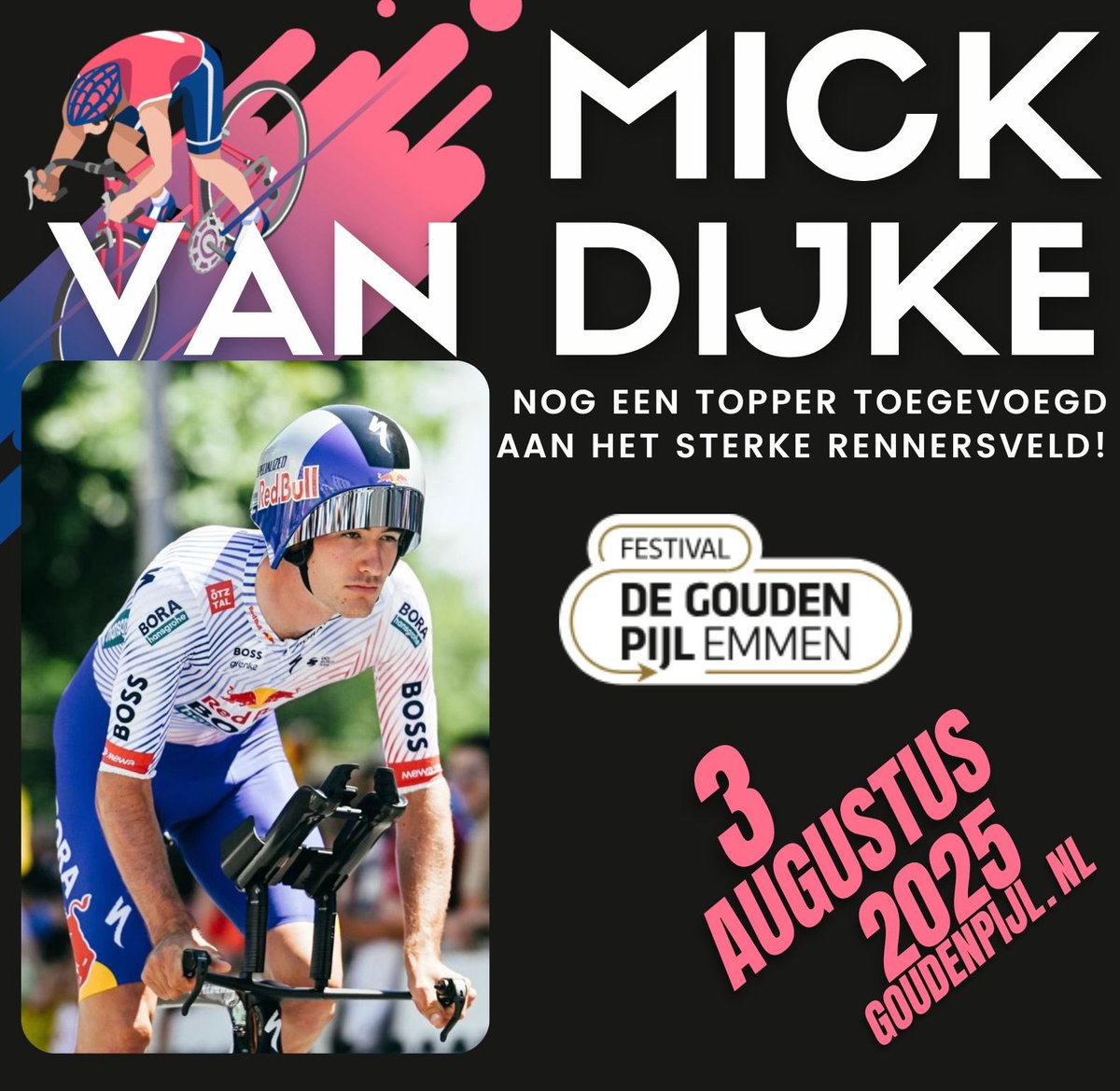 🤩 We waren nog niet klaar: Mick van Dijke is de 8e Tourrenner op De Gouden Pijl! 💥 De 25-jarige Zeeuw rijdt sinds dit jaar voor BORA-Hansgrohe en imponeerde in Parijs-Roubaix. Morgen komt hij zich tonen aan het publiek in Emmen! 🚴‍♂️ #GoudenPijl