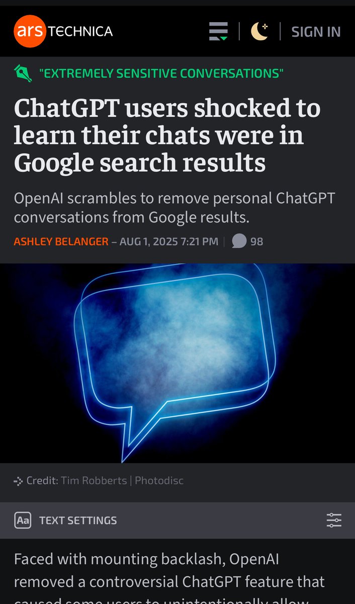 ChatGPT users shocked to learn their chats appeared in Google search results. OpenAI scrambles to remove personal conversations from Google.

OpenAI removed a controversial ChatGPT feature that unintentionally allowed some users' private chats to appear in search results. https://t.co/d2GnFXss4q