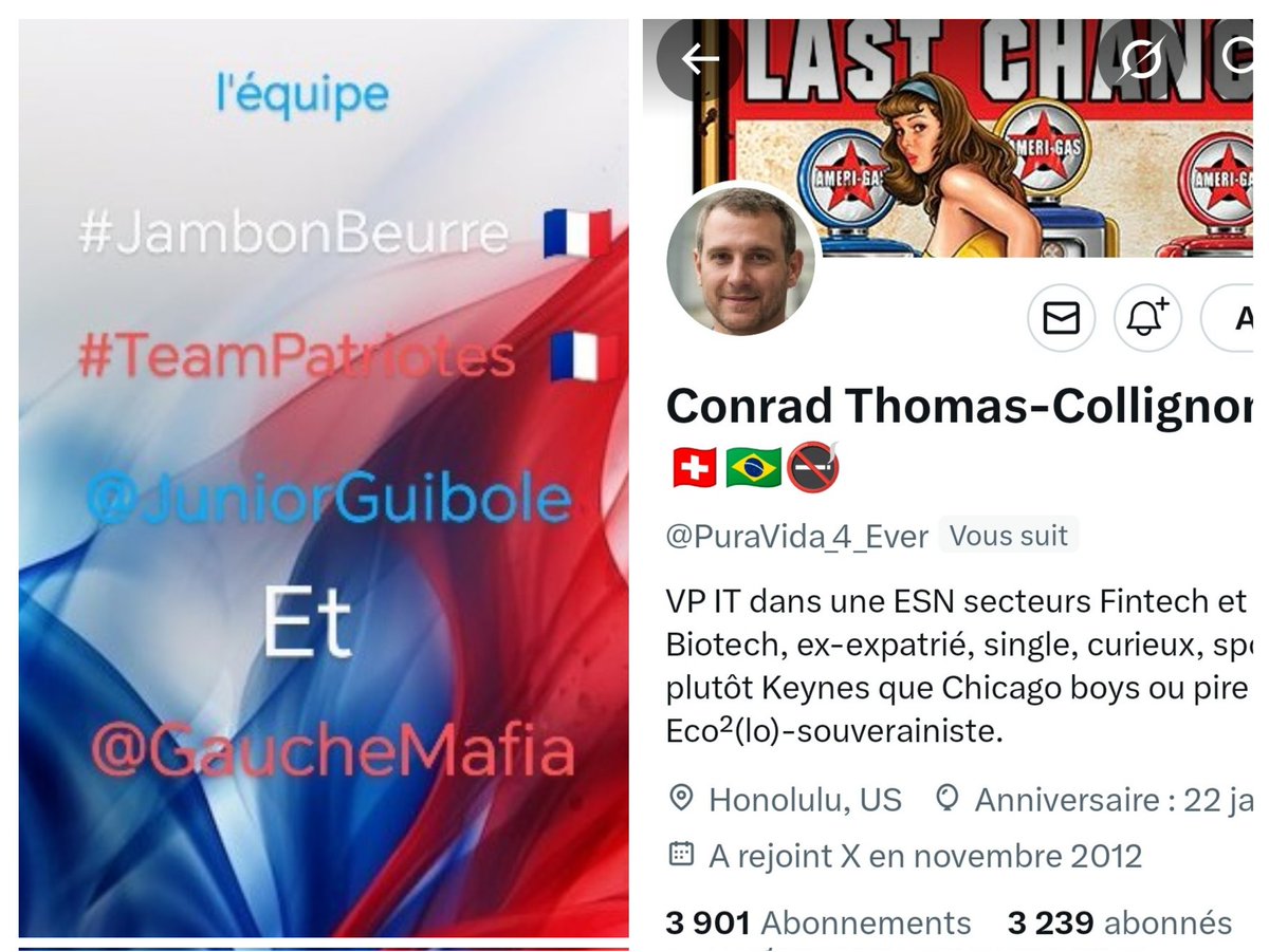 INFO🚨 Merci de partager !🚨
Mes amis abonnés😉
Ainsi que l'équipe #JambonBeurre #TeamPatriotes  🇨🇵 
Notre ami  <a href="/PuraVida_4_Ever/">Conrad Thomas-Collignon 🇲🇫🇨🇭🇧🇷🚭</a> 👍
Aurait besoin d'un petit coup de pouce pour grossir sa TL!🥳
Et ainsi lui donner plus de visibilité ! Merci de vous abonner à lui !🙏
Et n'oubliez
