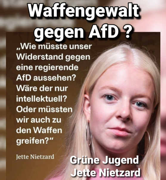 Waffengewalt gegen die #AfD ?

#GrüneJugend:
"Wie müsste unser Widerstand gegen eine regierende AfD aussehen? Wäre der nur intellektuell? Oder müssten wir auch zu den Waffen greifen?" #JetteNietzard