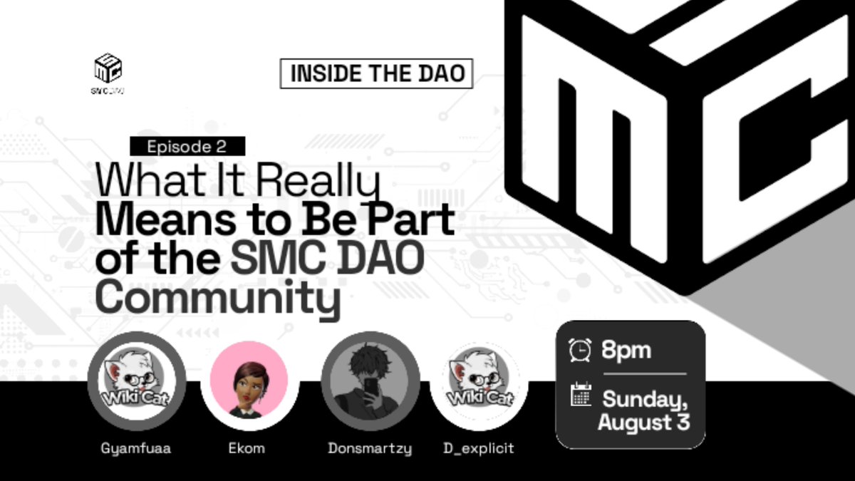 SMC DAO (@smcdao) on Twitter photo Hi Believers,
We’re back with Episode 2 of Inside the DAO, where we explore the heart of the SMC DAO community.
🎙 Episode 2: What It Really Means to Be Part of the SMC DAO Community
📅 August 3
🕗 8PM WAT
🔴 Live on X
Join <a href="/Gyamie/">SHE-ODOGWU ✝️🇬🇭</a>, <a href="/D_explicit04/">D_eXplicit (WikiCat)</a>, <a href="/abigailetang/">Sugar Girl 💕</a> & Hi Believers,
We’re back with Episode 2 of Inside the DAO, where we explore the heart of the SMC DAO community.
🎙 Episode 2: What It Really Means to Be Part of the SMC DAO Community
📅 August 3
🕗 8PM WAT
🔴 Live on X
Join <a href="/Gyamie/">SHE-ODOGWU ✝️🇬🇭</a>, <a href="/D_explicit04/">D_eXplicit (WikiCat)</a>, <a href="/abigailetang/">Sugar Girl 💕</a> &