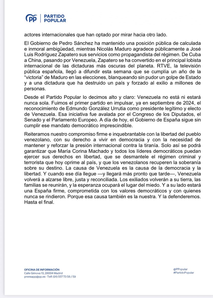 Manifiesto del PP con motivo del primer aniversario de la elección de Edmundo González Urrutia como legítimo presidente de Venezuela.

pp.es/storage/2025/0…

<a href="/ppopular/">Partido Popular</a>
