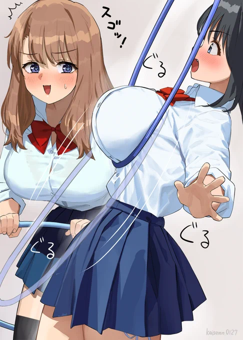 フラフープできない運動神経悪い子とおっぱいでも出来ちゃう子のイラスト