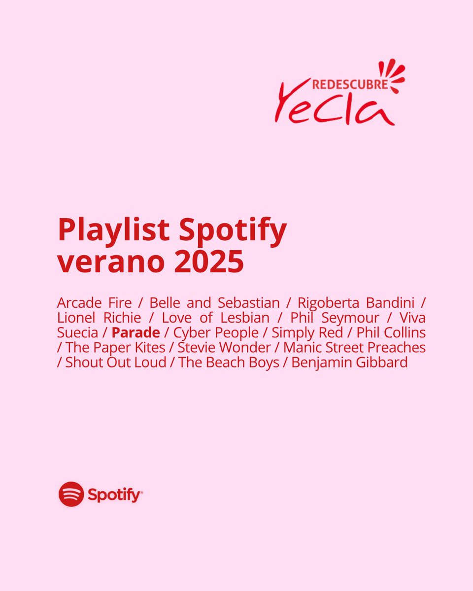 ¿Planes por #Yecla este agosto? Que no falte la banda sonora. Revisamos la playlist con sabor a verano.

Playlist Spotify verano 2025 Turismo Yecla: open.spotify.com/playlist/5ix9J…