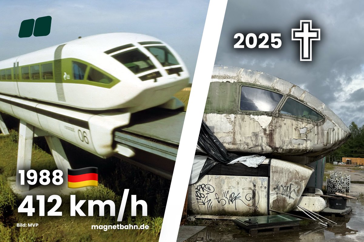 Schon 1988 war Deutschland soweit, 412 km/h Magnetbahnen zu bauen, die viel weniger Energie, Instandhaltung und Ressourcen brauchen, als konventionelle Schienenzüge. Nachfolgermodelle erreichen später 501,5 km/h auf nur 30 km Strecke.

Jahrzehntelange politische Inkompetenz