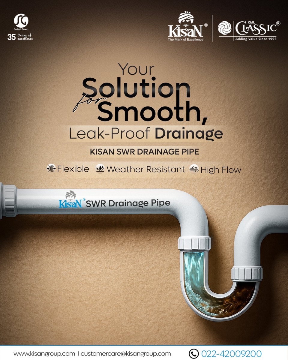 Kisan_Mouldings's tweet image. Smooth, Leak-Proof Drainage Starts Here!

Trust Kisan Classic SWR Pipes for flexible, weather-resistant, and high-flow drainage that lasts. Say goodbye to leaks and hello to hassle-free plumbing!

#KisanClassic #LeakProof #SmoothFlow #DurableDrainage