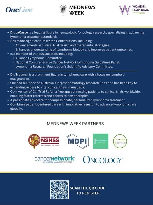 🔍 Catch Voices in Lymphoma: Women Shaping Care
👩‍💼 Career development and mentorship in medicine 
Tuesday, August 12 | 6:30pm PM EST
Two Trailblazing Oncologists. One Game-Changing Conversation.

Stay tuned for more information.